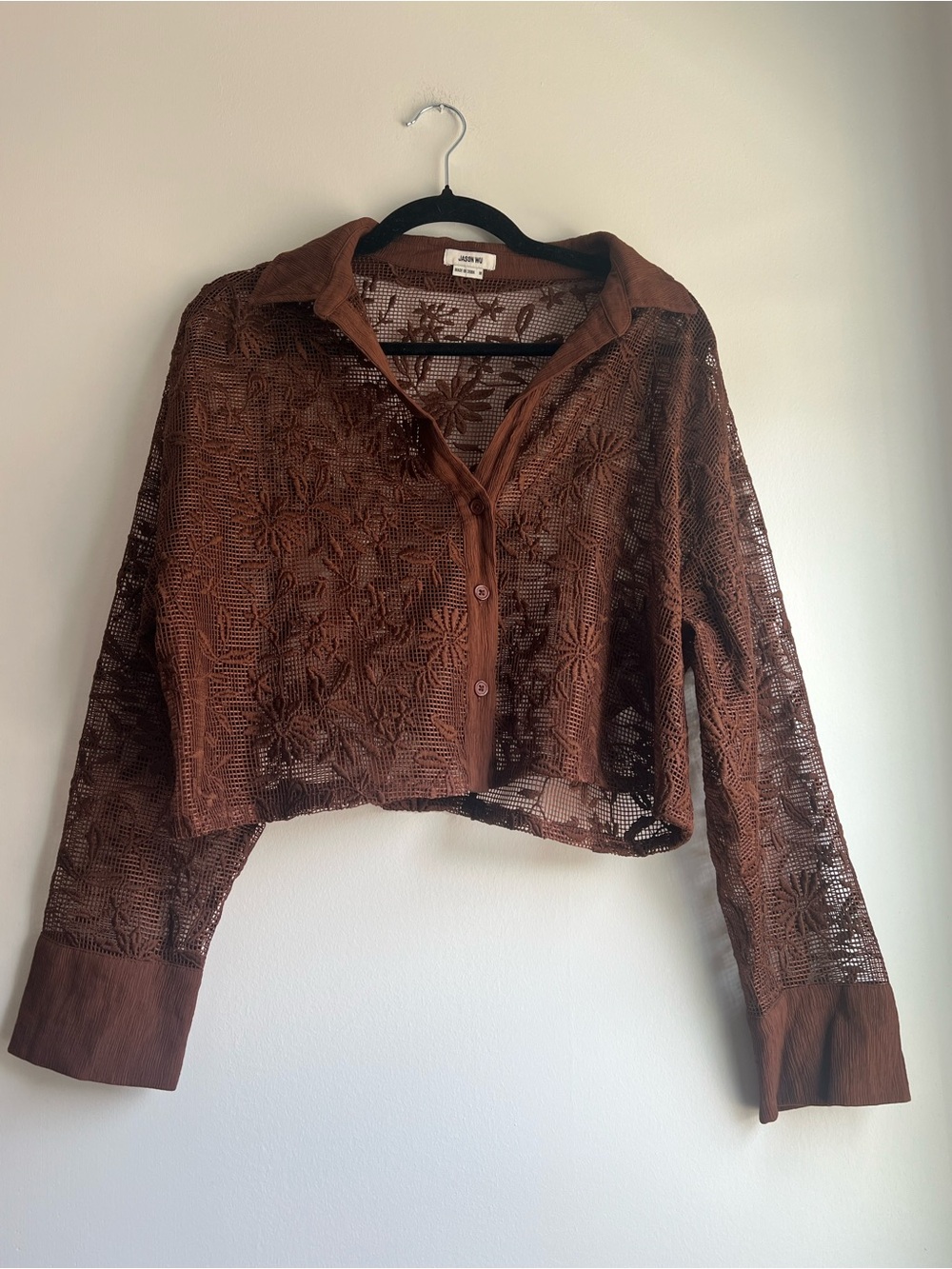 Jason Wu Brown Sheer Lace Cropped Button-Down Shirt